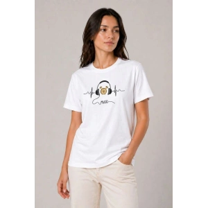 Kadın Müzik Temalı Baskılı Tişört Bisiklet Yaka Kısa Kol T-Shirt - Beyaz