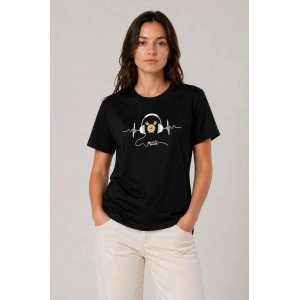 Kadın Müzik Temalı Baskılı Tişört Bisiklet Yaka Kısa Kol T-Shirt - Siyah