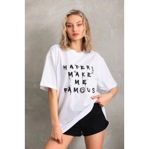 Kadın ön ve arka Baskılı Oversize Kısa kol  T-Shirt - Beyaz