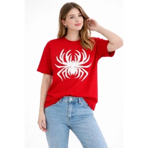 Kadın Örümcek Baskılı Tişört Kısa Kollu Bisiklet Yaka T-Shirt - Kırmızı