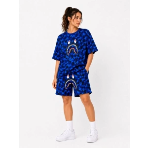 Kadın Oversize Kalıp Pubg Bape X Shark Nakışlı Cepli Şort Takım - Mavi