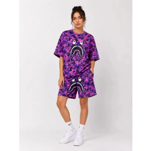 Kadın Oversize Kalıp Pubg Bape X Shark Nakışlı Cepli Şort Takım - Mor