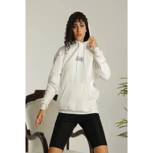 Kadın Oversize Kapüşonlu Cepli Baskılı 3 İplik Pamuklu Hoodie Sweatshirt - Beyaz