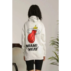 Kadın Oversize Kapüşonlu Cepli Baskılı 3 İplik Pamuklu Hoodie Sweatshirt - Beyaz
