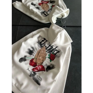 Kadın Oversize Kapüşonlu Cepli Baskılı 3 İplik Pamuklu Hoodie Sweatshirt - Beyaz