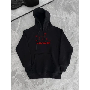 Kadın Oversize Kapüşonlu Cepli Baskılı 3 İplik Pamuklu Hoodie Sweatshirt - Siyah