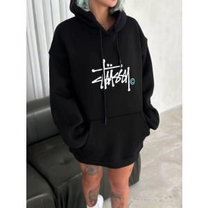 Kadın Oversize Kapüşonlu Cepli Baskılı 3 İplik Pamuklu Hoodie Sweatshirt - Siyah