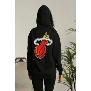 Kadın Oversize Kapüşonlu Cepli Baskılı 3 İplik Pamuklu Hoodie Sweatshirt - Siyah