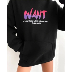 Kadın Oversize Kapüşonlu Cepli WANT Baskılı 3 İplik Pamuklu Hoodie Sweatshirt - Siyah