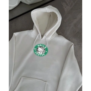 Kadın Oversize Kapüşonlu Kanguru Cepli Baskılı 3 İplik Pamuklu Sweatshirt Hoodie -   Beyaz