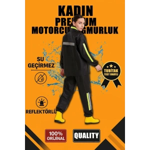 Kadın Premium Motorcu Kurye Yağmurluk Takım Su Geçirmez PVC Reflektörlü Siyah