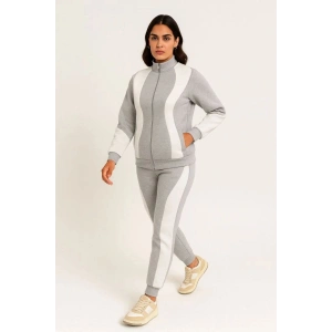 Kadın Premium Parçalı Eşofman Alt-Üst Takım - Dik Yaka Fermuarlı Sweatshirt - Gri