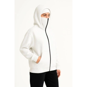 Kadın Samuray Ninja Çift Kapüşonlu Maske Detaylı 3 İplik Hoodie - Beyaz