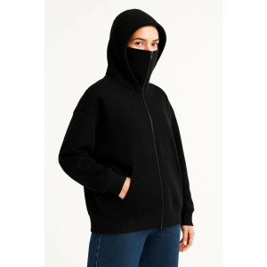Kadın Samuray Ninja Çift Kapüşonlu Maske Detaylı 3 İplik Hoodie - Siyah