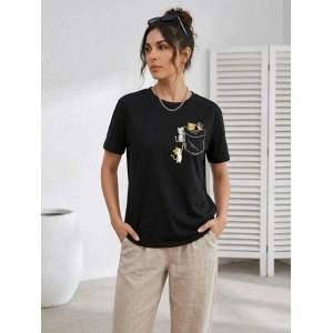 Kadın Sevimli Kedi Cep Baskılı Tişört Kısa Kol Yazlık T-Shirt - Siyah