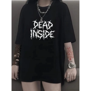 Kadın T-shirt Bisiklet Yaka Oversize Kısa Kollu Tişört - Siyah