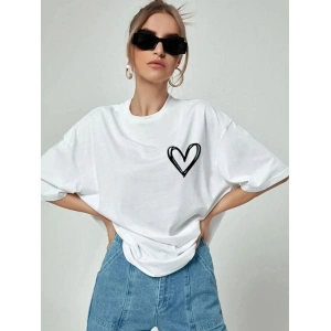 Kadın Tişört Bisiklet Yaka Baskılı Oversize T-Shirt - Beyaz