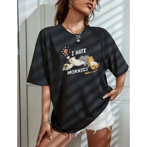 Kadın Tişört Bisiklet Yaka Baskılı Oversize T-Shirt - Siyah