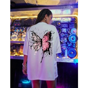 Kadın Tişört Kelebek Baskılı Oversize Kısa Kol T-Shirt - Beyaz