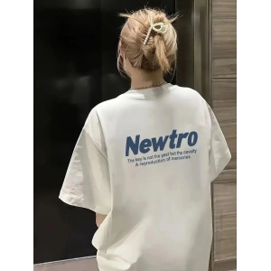 Kadın Tişört Newtro Baskılı Oversize Bisiklet Yaka T-shirt - Beyaz
