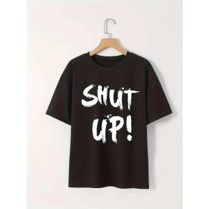 Kadın Tişört Shut Up Baskılı Kısa Kol Bisiklet Yaka T-Shirt - Siyah