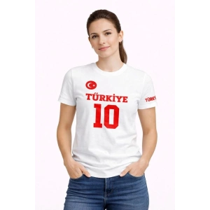 Kadın TÜRKİYE Ay Yıldız Baskılı 10 Numara Forma Tişört Taraftar T-Shirt - Beyaz
