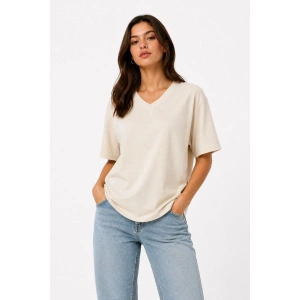 Kadın V Yaka Basic Tişört Kısa Kol Yazlık Regular Fit T-Shirt - Bej