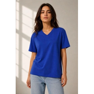 Kadın V Yaka Basic Tişört Kısa Kol Yazlık Regular Fit T-Shirt - Saks Mavisi