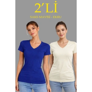 Kadın V Yaka Tişört Kısa Kol Slim Fit T-shirt 2li Set Saks Mavisi-Ekru