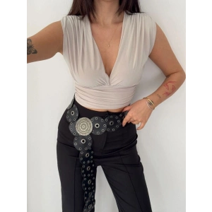 Kadın Vatkalı Kolsuz V Yaka Drapeli Crop Bluz Likralı Fit - Boyalı Gri