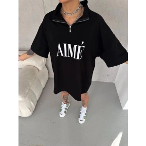 Kadın Yarım Fermuarlı Tişört Baskılı T-Shirt - Siyah