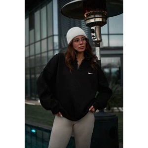 Kadın Yarım Fermuarlı Üç iplik Şardonlu Pamuklu Sweatshirt - Siyah