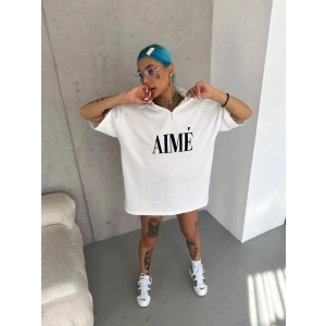 Kadın Yarım Fermuarlı Tişört Kısa kol Baskılı T-Shirt - Beyaz