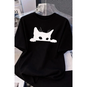 Kadınlar için Siyah Kedi Grafik Tişört - Oversize Kısa Kollu Üst Nefes Alabilir - Siyah