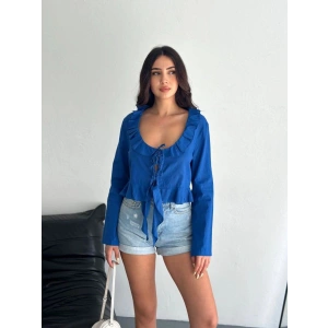 Keten Uzun Kol Bağacık Detaylı Bluz - Lacivert