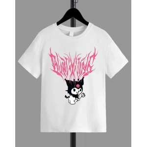 Kız Çocuk Bisiklet Yaka Baskılı T-Shirt - Beyaz