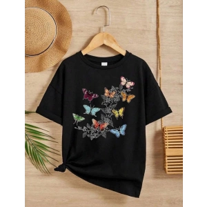 Kız Çocuk Bisiklet Yaka Baskılı T-Shirt - Siyah