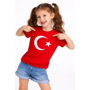 Kız Çocuk Tişört Bisiklet Yaka Ay Yıldız Bayrak Baskılı T-Shirt - Kırmızı