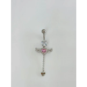 Melek Kanatlı Pembe Taşlı Sallantılı Göbek Piercing