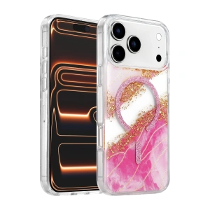 Onegif Apple İphone 17 Pro Lotus Simli Magsafe Kapak - Pembe