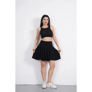 Sendy Kumaş Bisiklet Yaka Crop Şortlu Etek ikili Takım - Siyah