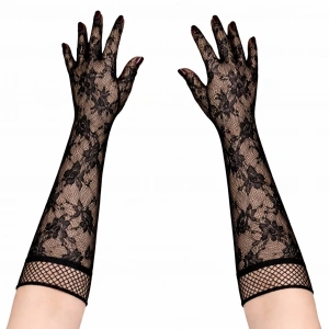 Siyah Uzun Gül Desenli Dantel Kadın Eldiveni