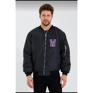 Wild One Baskılı Erkek Bomber Mont – Panter Desenli, Fermuarlı, Kapitone Astarlı Ceket - Siyah