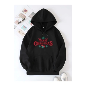 Yılbaşı Merry Christmas Baskılı Oversize Kapüşonlu Sweatshirt Hoodie - Siyah