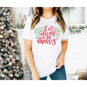 Yılbaşı Noel Baskılı Kısa Kollu Oversize Bisiklet Yaka T-shirt - Beyaz