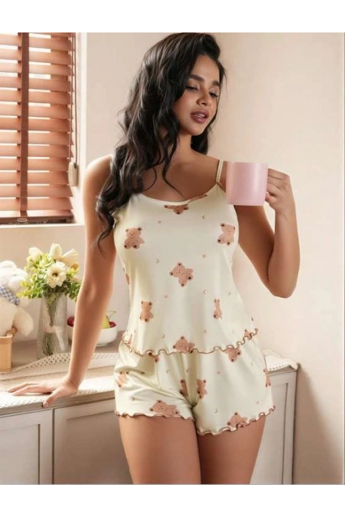 Ayıcık Desenli Askılı Şortlu Pijama Takımı