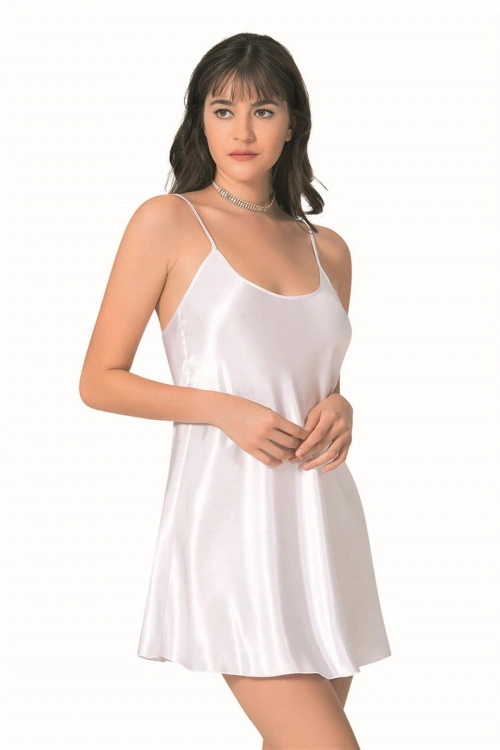 Kısa Saten Gecelik - Beyaz - KLBN12787