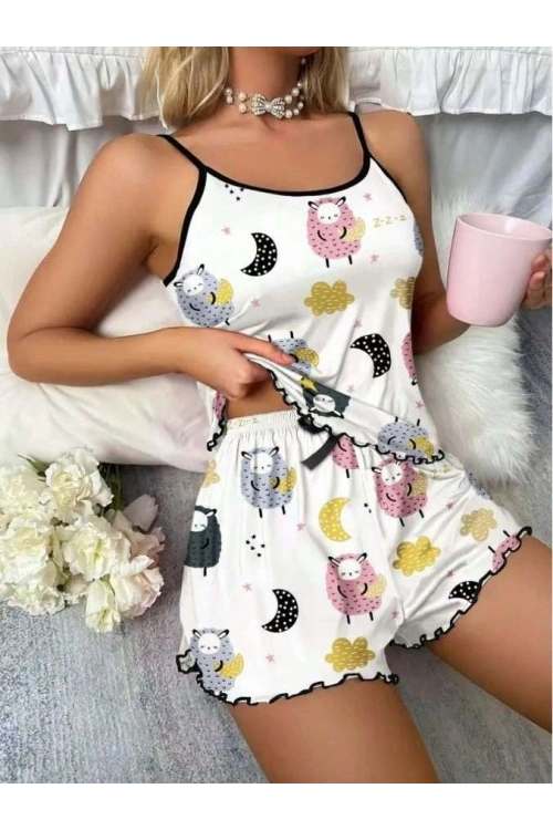Üstüne Desenli İnce Askılı Şortlu Pijama Takımı - Beyaz - KLBN31230