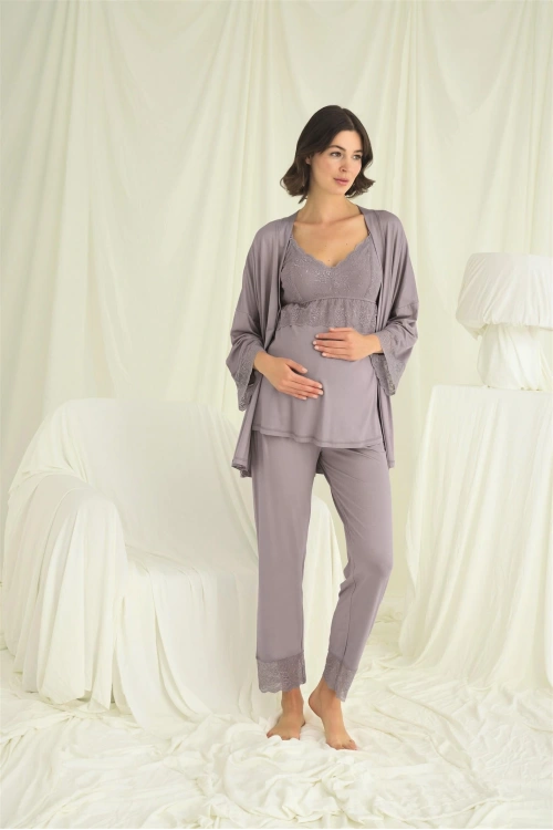 Dantelli Hamile Lohusa 3lü Pijama Takımı - KLBN29240