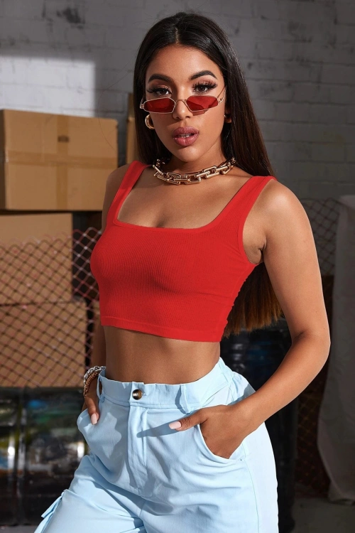 Kadın Kırmızı Kalın Askılı Crop Top Büstiyer